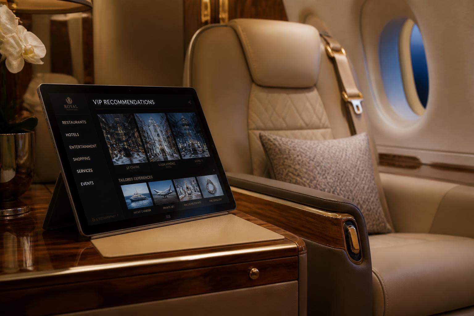 découvrez nos recommandations vip exclusives pour votre cabine, présentées sur une tablette tactile microsoft version luxe, alliant confort et technologie de pointe.