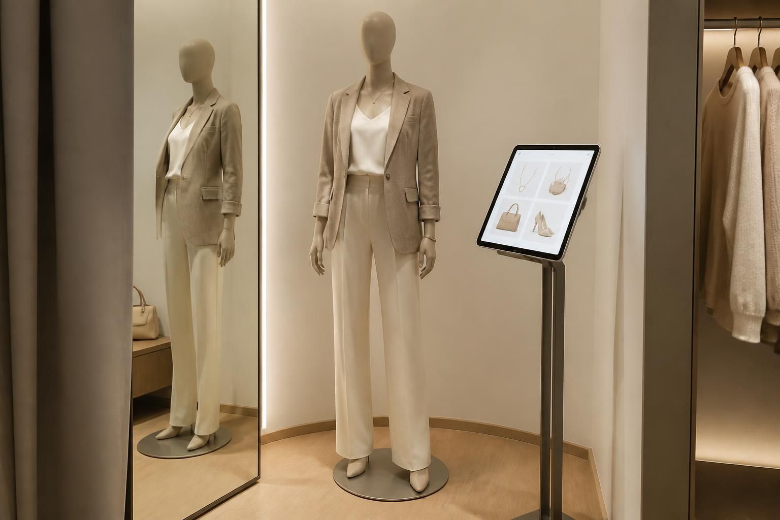découvrez notre cabine d’essayage connectée qui propose des accessoires suggérés via tablette tactile pour une expérience shopping innovante et personnalisée.