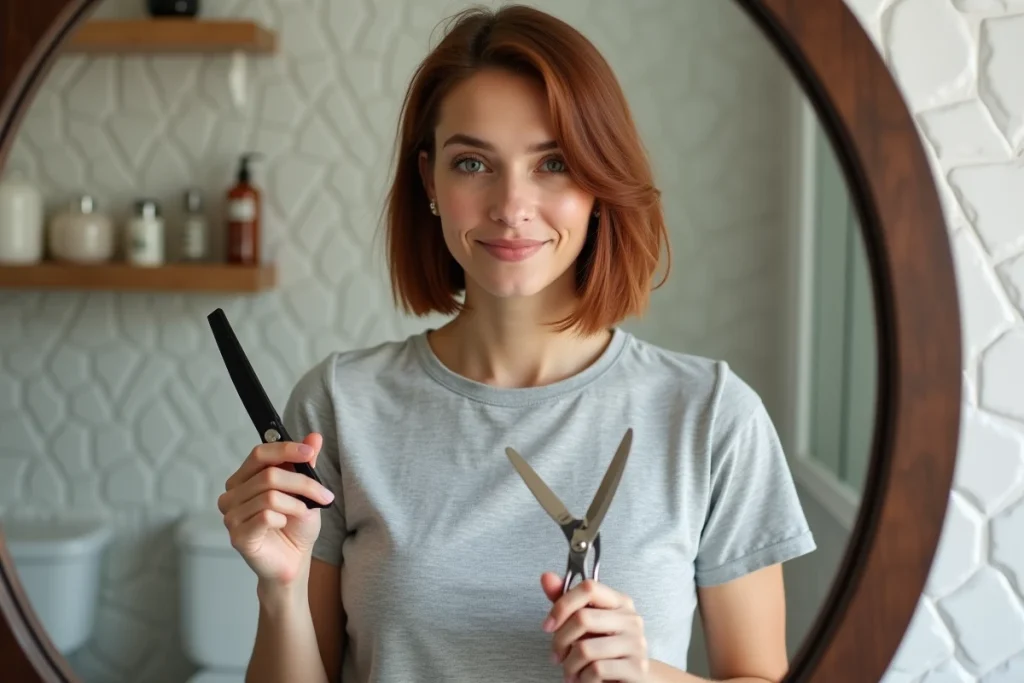 Femme réalisant elle-même sa coupe bob courte à la maison dans une salle de bain avec ciseaux professionnels