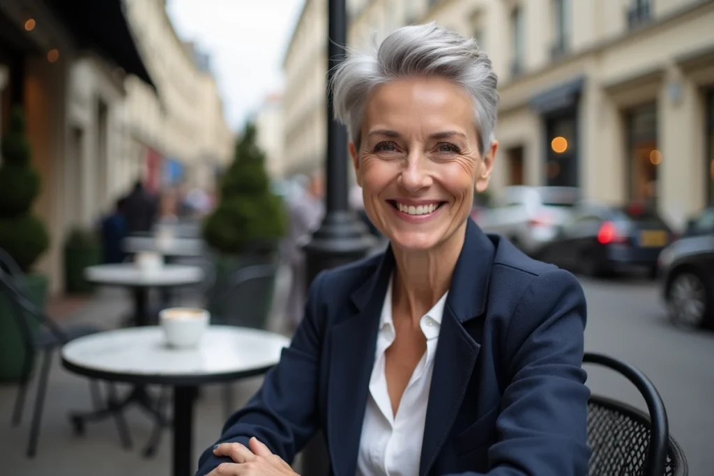 Femme de 50 ans avec une coupe courte undercut argentée élégante sur une terrasse de café parisien