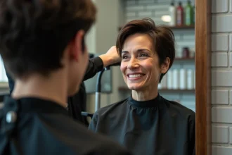 Femme en salon de coiffure avec une coupe pixie courte brune, assise dans un fauteuil professionnel face au miroir