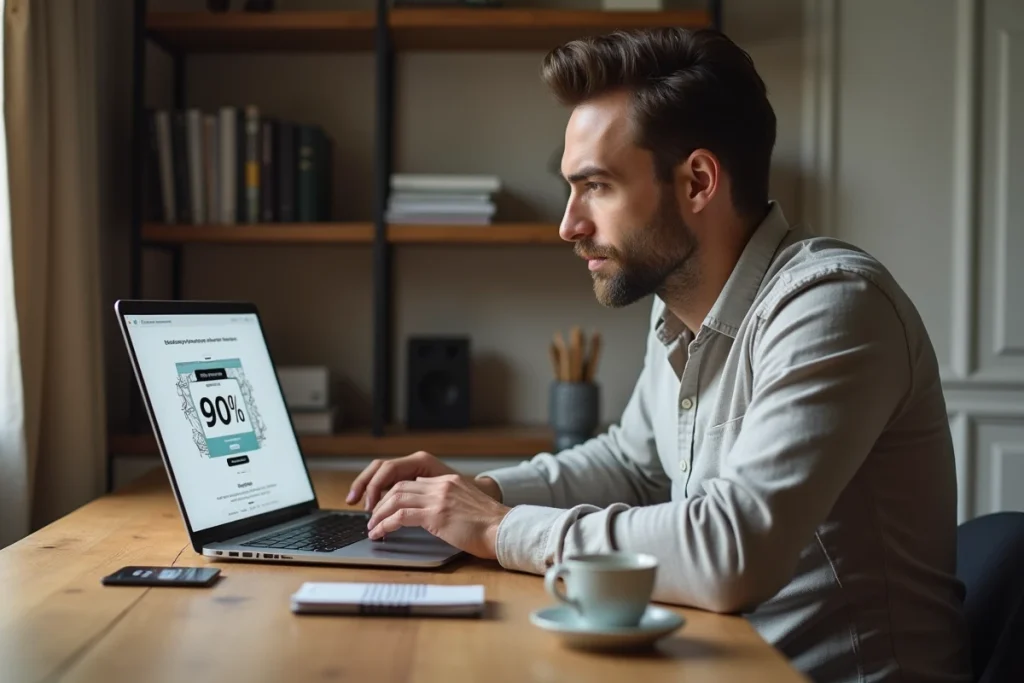 Homme effectuant ses achats en ligne lors des soldes d'hiver 2026 sur son ordinateur portable depuis son appartement