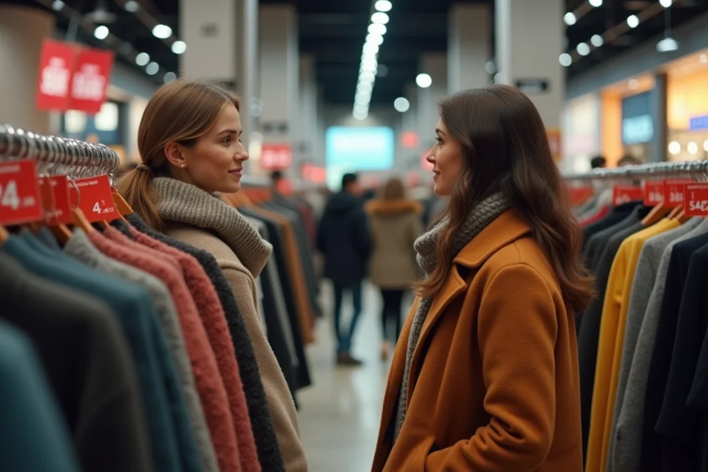 Deux femmes faisant les soldes d'hiver en grand magasin en France, feuilletant des vêtements avec des étiquettes de réduction