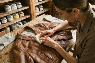 Femme appliquant de la cire colorée sur une veste en cuir marron avec un chiffon doux sur un établi en bois