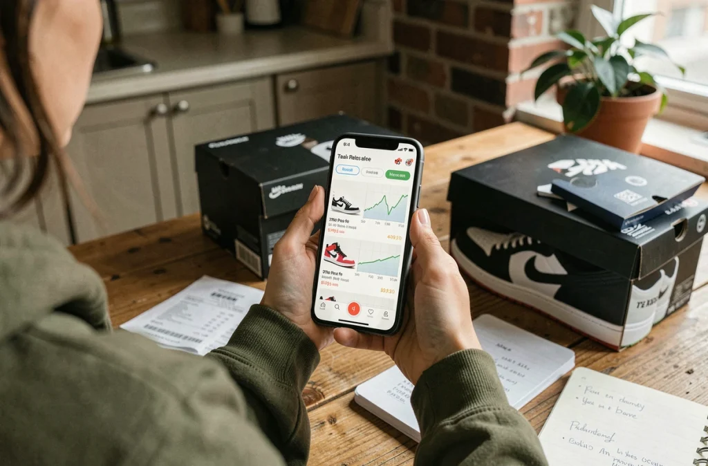 Femme consultant les prix de revente de sneakers sur une application mobile spécialisée