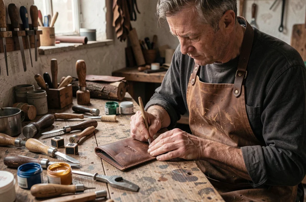 Artisan maroquinier personnalisant un porte-monnaie en cuir avec des outils de gravure traditionnels