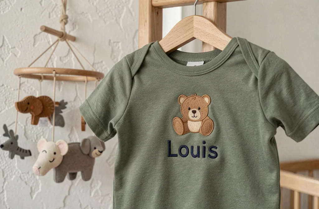 Body bébé vert sauge personnalisé avec broderie ourson et prénom accroché dans une chambre de bébé décorée