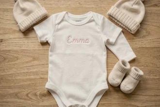 Body bébé personnalisé blanc avec prénom brodé posé en flat lay sur une table en bois clair avec accessoires assortis