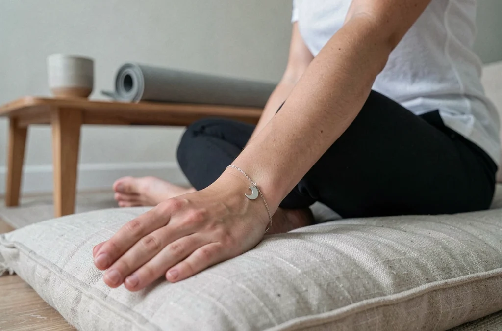 Bracelet cheville en argent sterling avec pendentif lune sur une jeune femme assise en tailleur sur un coussin de méditation dans un appartement minimaliste