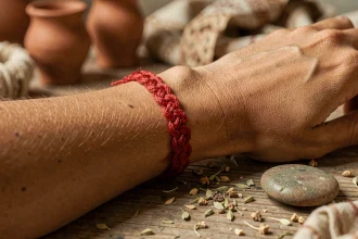 Bracelet fil rouge à 7 nœuds porté au poignet d'une femme sur une surface en bois naturel avec herbes séchées