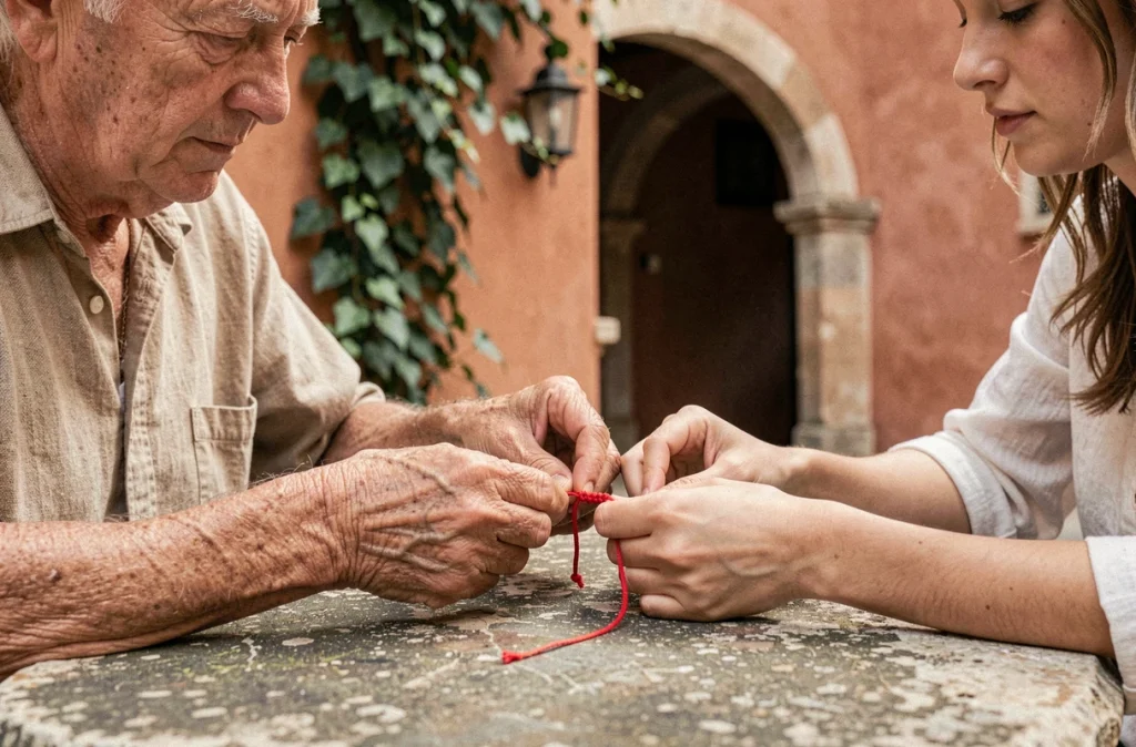 Mains d'un homme âgé attachant un bracelet fil rouge à 7 nœuds au poignet d'une jeune femme dans une cour méditerranéenne