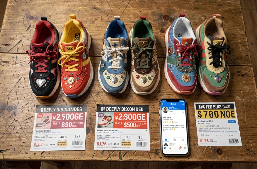 Mise à plat de chaussures moches en promo avec flyers publicitaires et faux avis en ligne sur smartphone