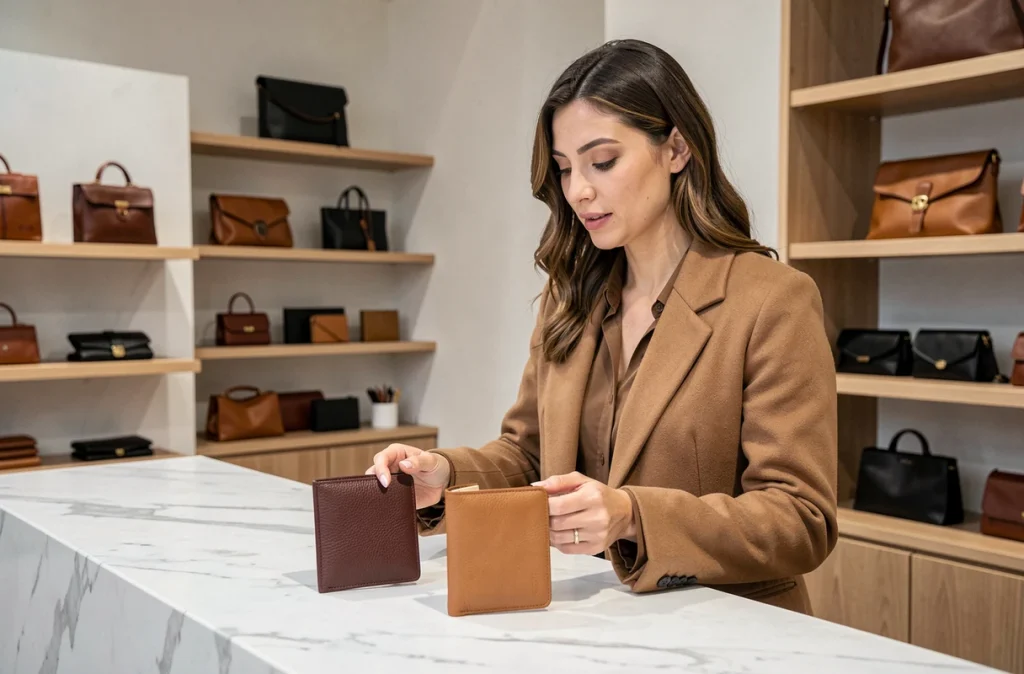 Femme comparant deux porte-monnaie en cuir personnalisables dans une boutique de maroquinerie haut de gamme