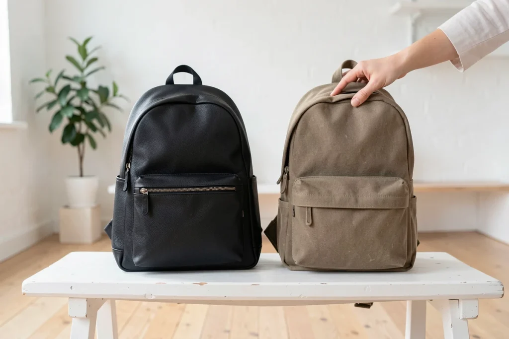 Comparaison côte à côte d'un sac à dos en cuir noir et d'un sac à dos en toile taupe sur un banc minimaliste