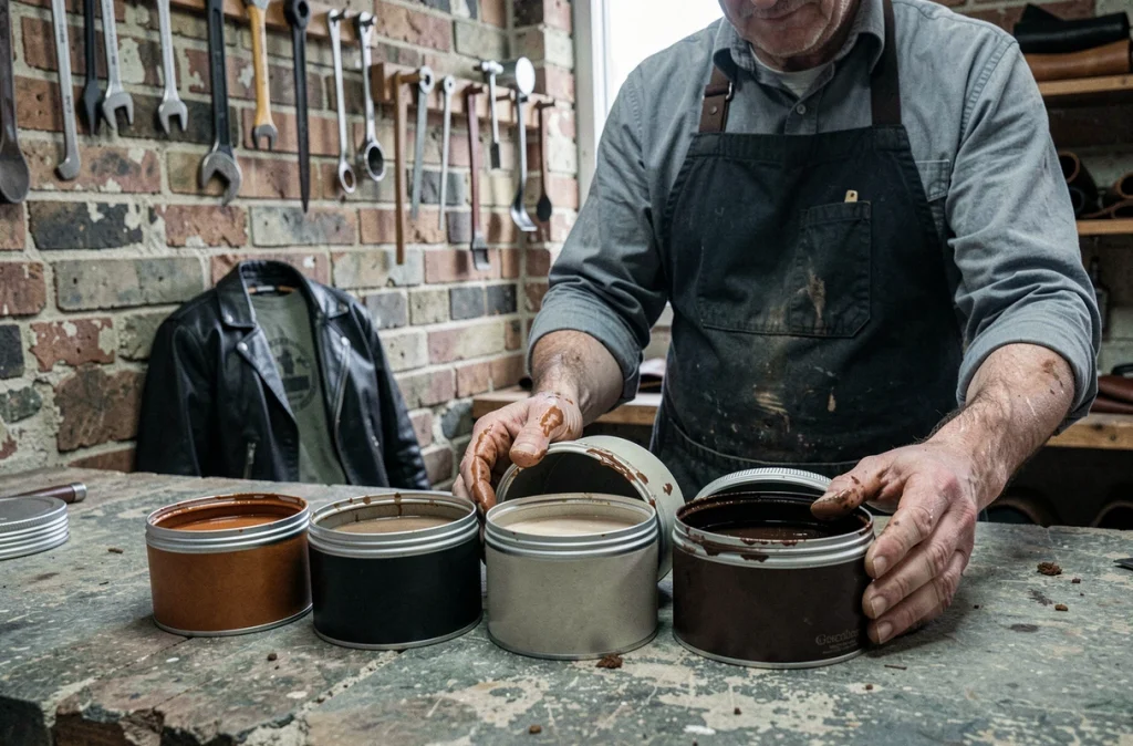 Artisan comparant plusieurs teintes de cire pour cuir sur un comptoir en pierre dans un atelier de maroquinerie