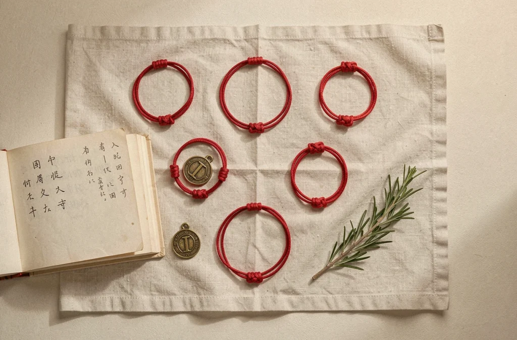 Composition à plat de bracelets fil rouge à 7 nœuds avec livre de symboles et plantes séchées sur tissu en lin