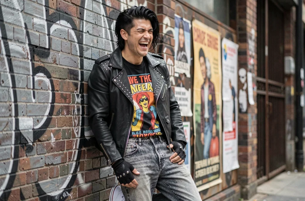 Déguisement homme années 80 new wave avec veste à zips métalliques et jean acid-wash dans une ruelle urbaine