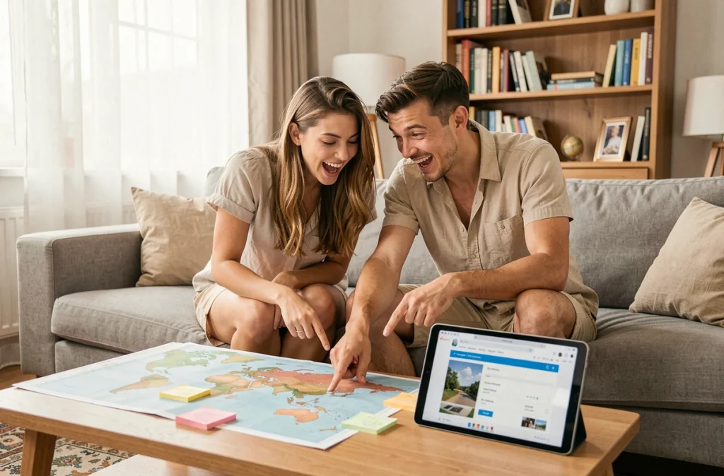 Un couple planifie ses vacances en cherchant des bons plans et des offres de voyage sur une tablette, entouré d'une carte du monde et de notes