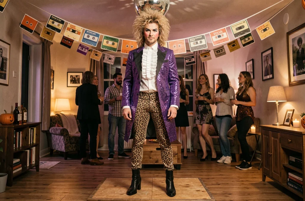 Homme en déguisement glam rock années 80 avec sequins et pantalon léopard lors d'une soirée déguisée festive