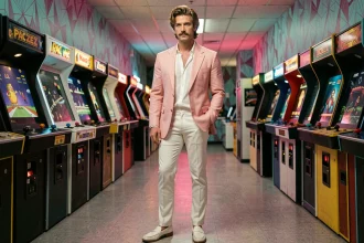 Homme déguisé en style années 80 avec blazer pastel et pantalon blanc dans une salle d'arcade rétro vintage