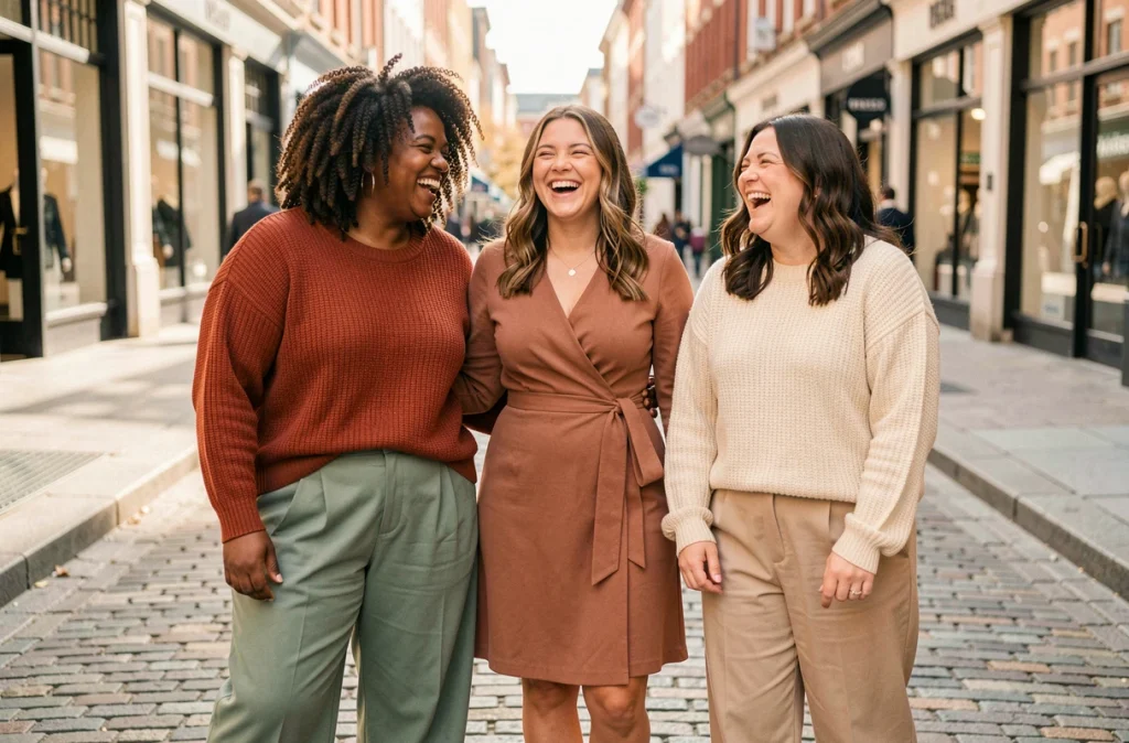 Trois femmes aux morphologies diverses portant des tenues tendance automne 2024 dans une rue commerçante