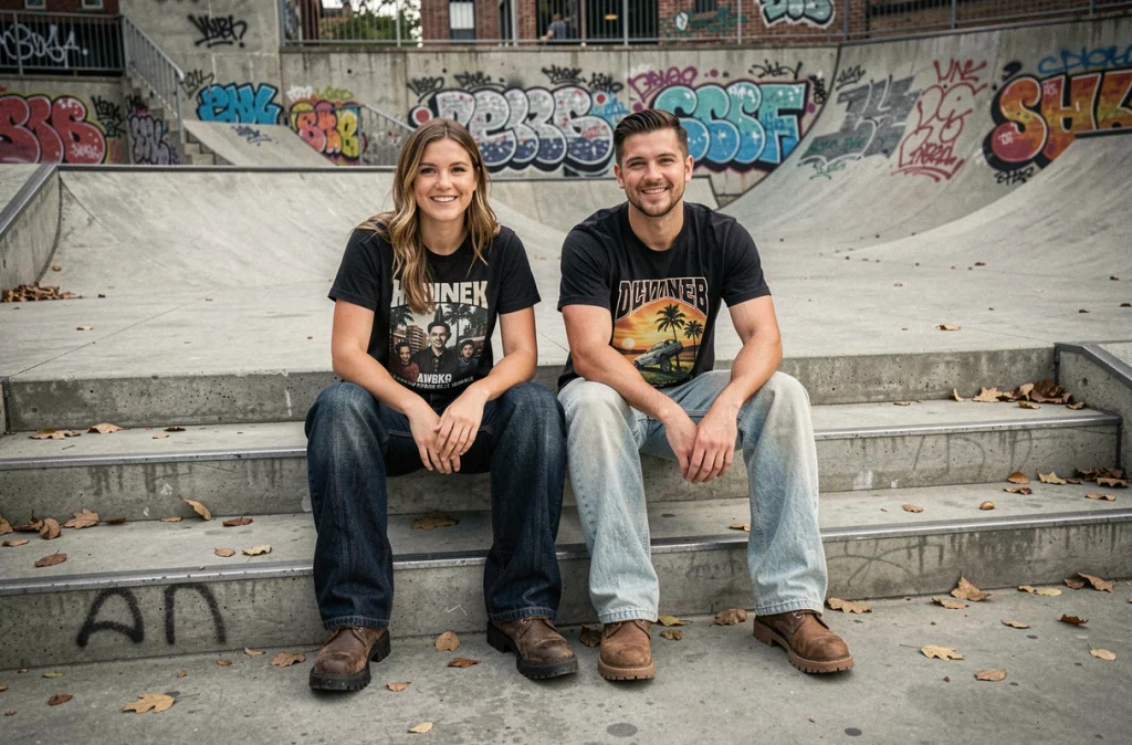 Deux amis assis sur des marches en béton d'un skate plaza, portant des jeans larges en différents lavages, style urbain tendance