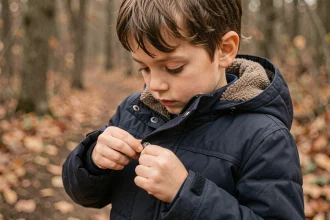 Enfant portant une veste avec col capuche amovible en forêt en automne