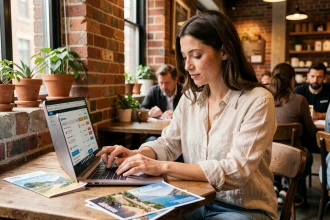 Une femme compare des prix de vols sur son ordinateur portable dans un café, entourée de brochures de voyage pour trouver les meilleures offres