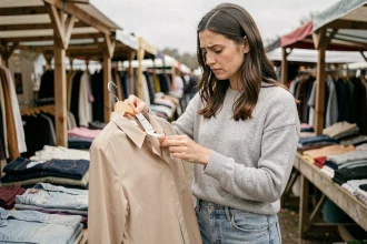 Femme inspectant l'étiquette d'un vêtement sans marque dans un marché aux puces, illustrant les achats de vêtements de marque inconnue