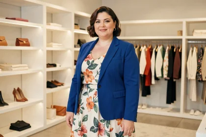 Femme ronde et élégante en blazer bleu cobalt dans une boutique de mode inclusive moderne
