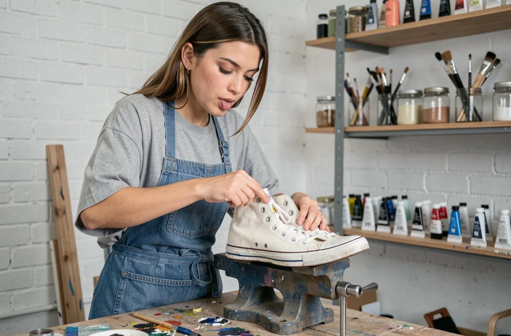 Jeune femme peignant des sneakers en toile dans un studio créatif urbain avec tablier en jean et pots de peinture pour chaussures