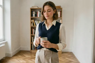 Femme portant un pull sans manche bleu marine sur une chemise blanche dans un appartement parisien