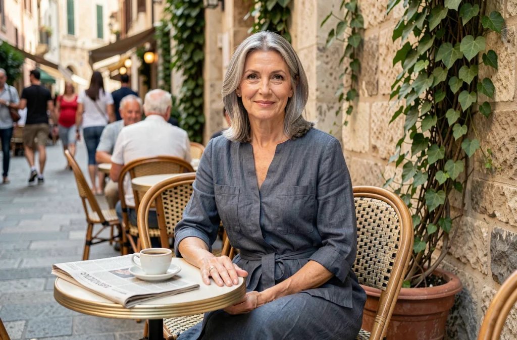 Femme élégante en robe en lin bleu ardoise assise en terrasse de café parisien lors d'un matin d'été