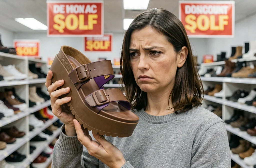 Femme examinant avec scepticisme une sandale laide en promotion dans un magasin de chaussures