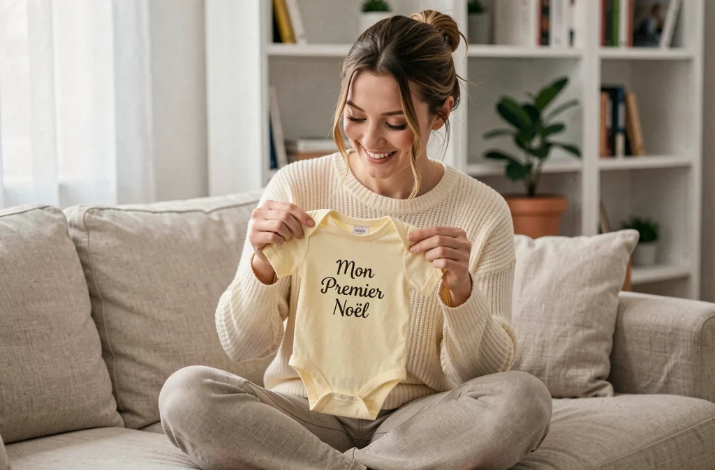 Jeune femme tenant un body bébé personnalisé jaune pâle avec inscription brodée dans un salon cosy