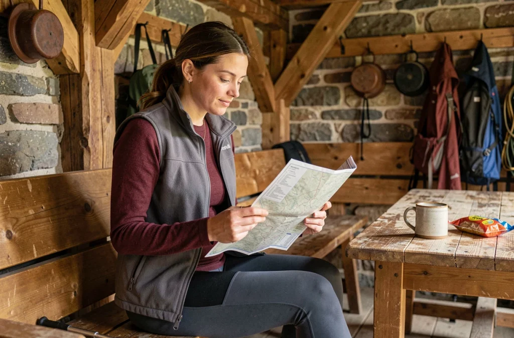 Femme en tenue de montagne en laine mérinos et softshell assise dans un refuge de montagne avec une carte topographique