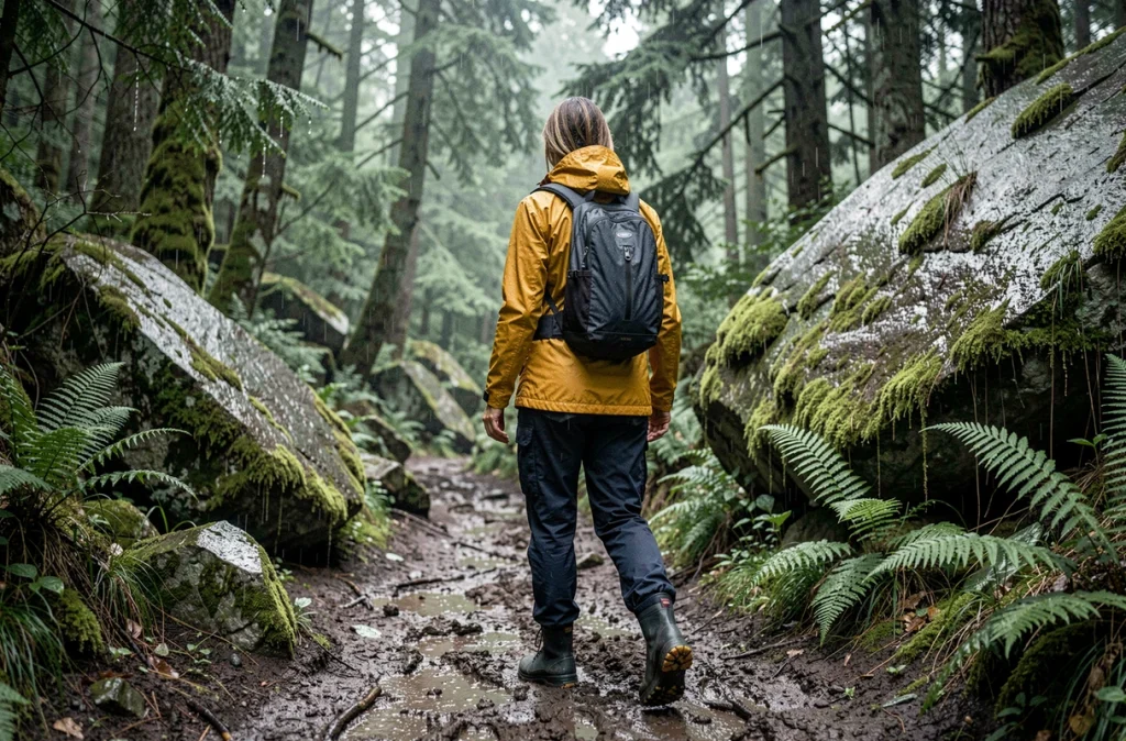 Femme en veste Gore-Tex imperméable jaune moutarde marchant sur un sentier forestier de montagne sous la pluie