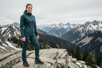 Femme portant une veste technique de montagne en sarcelle sur une crête rocheuse avec vue panoramique sur les sommets enneigés