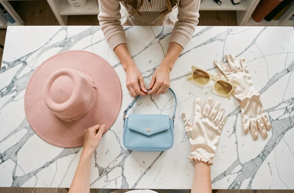 Flat lay d'accessoires pastel printemps sur marbre blanc, chapeau rose, lunettes jaunes et sac bleu ciel