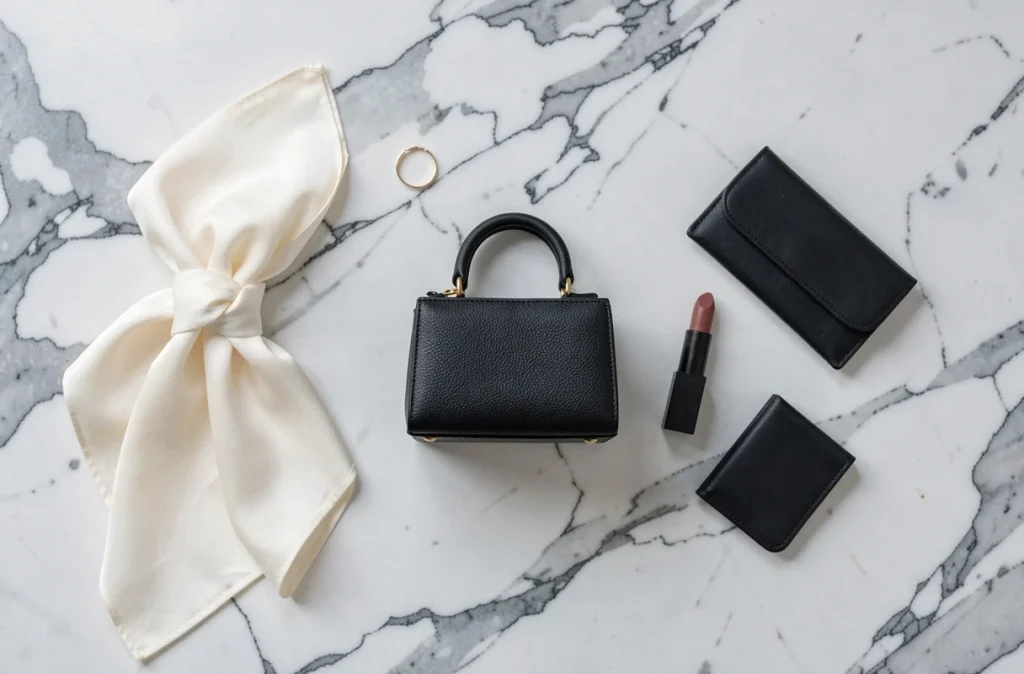 Flat lay minimaliste avec un micro sac noir en cuir et accessoires épurés sur marbre blanc