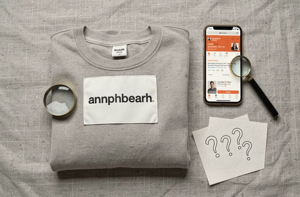 Vue à plat d'un vêtement générique sans marque reconnaissable avec une annonce de revente sur smartphone, illustrant le doute face aux articles non identifiés