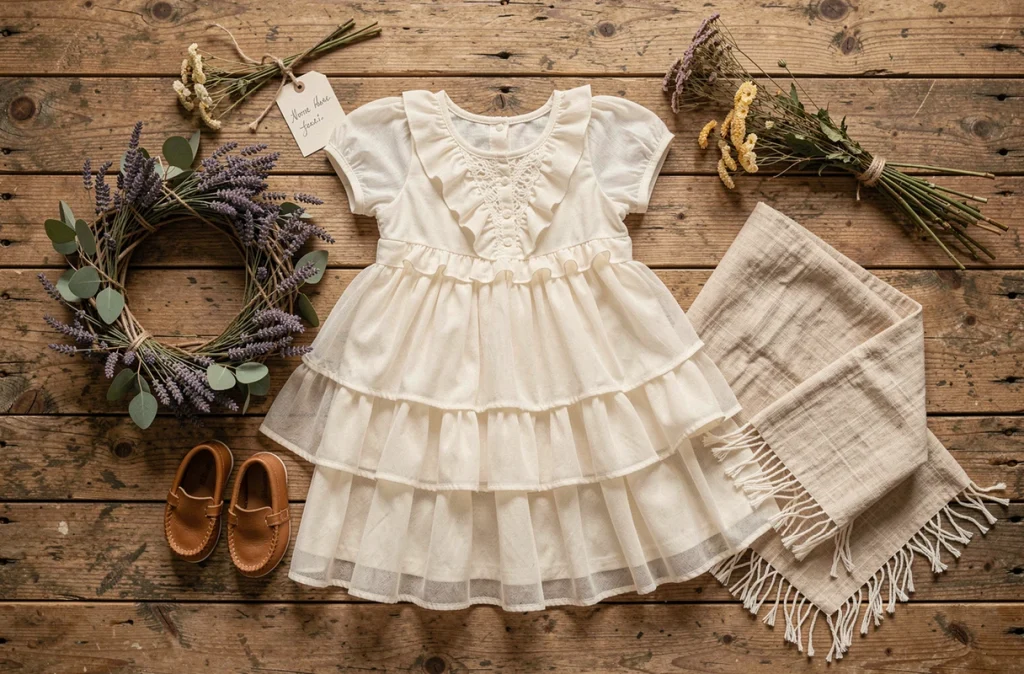 Flatlay de vêtements de baptême bohème pour bébé : robe en gaze ivoire, couronne de lavande séchée, mocassins en cuir et lange en mousseline sur bois brut