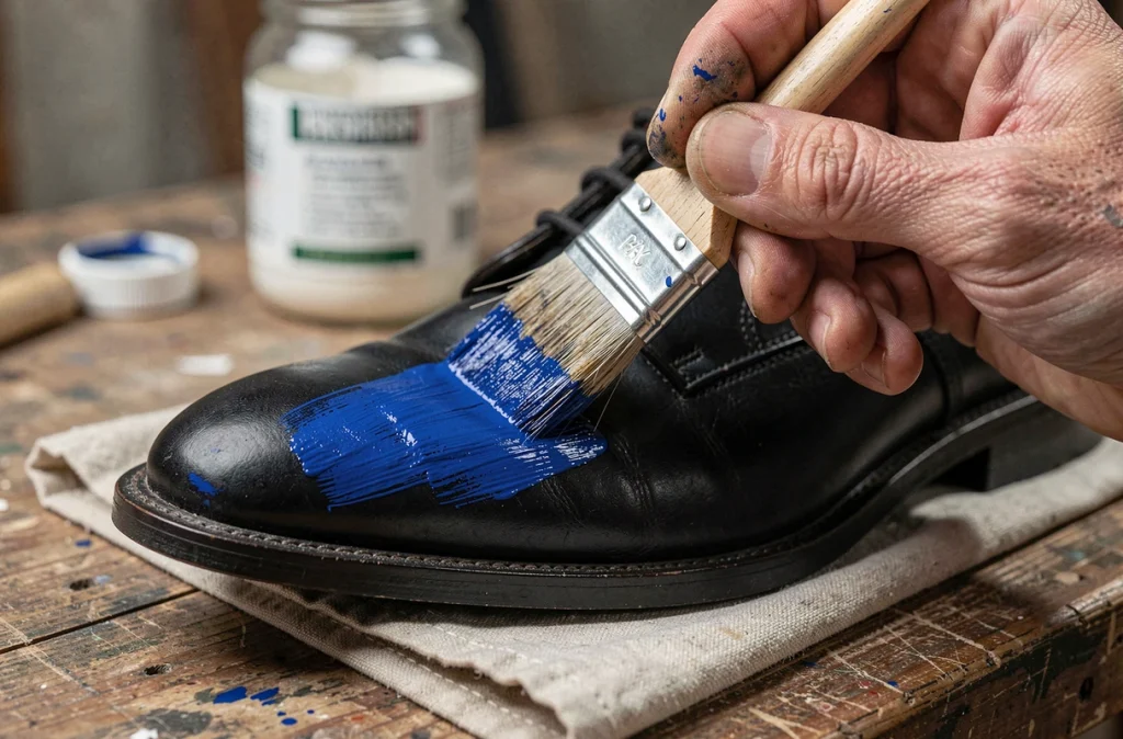Gros plan sur des mains d'artisan appliquant de la peinture bleue cobalt sur une chaussure Oxford en cuir noir lors d'une restauration