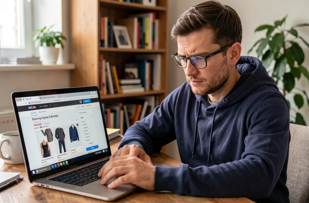 Homme consultant une annonce de vêtement de marque inconnue sur un site de revente en ligne depuis son bureau à domicile