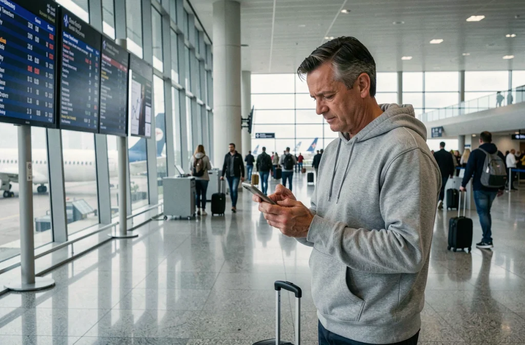 Un homme consulte une application de bons plans voyage sur son smartphone dans un terminal d'aéroport devant le tableau des départs