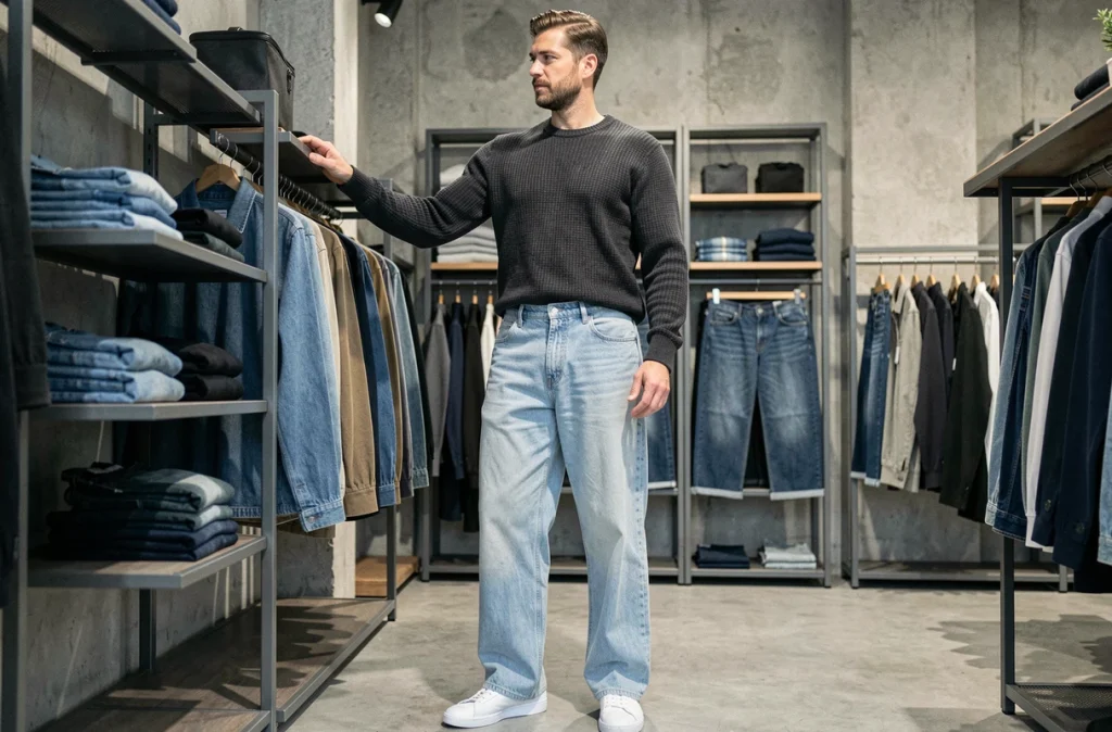 Homme en pantalon denim large bleu clair et pull gris dans un concept store minimaliste, collection urbaine masculine