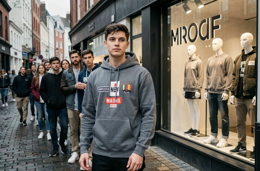 Jeune créateur de streetwear devant le lancement de sa collection en collaboration avec une grande enseigne de prêt-à-porter