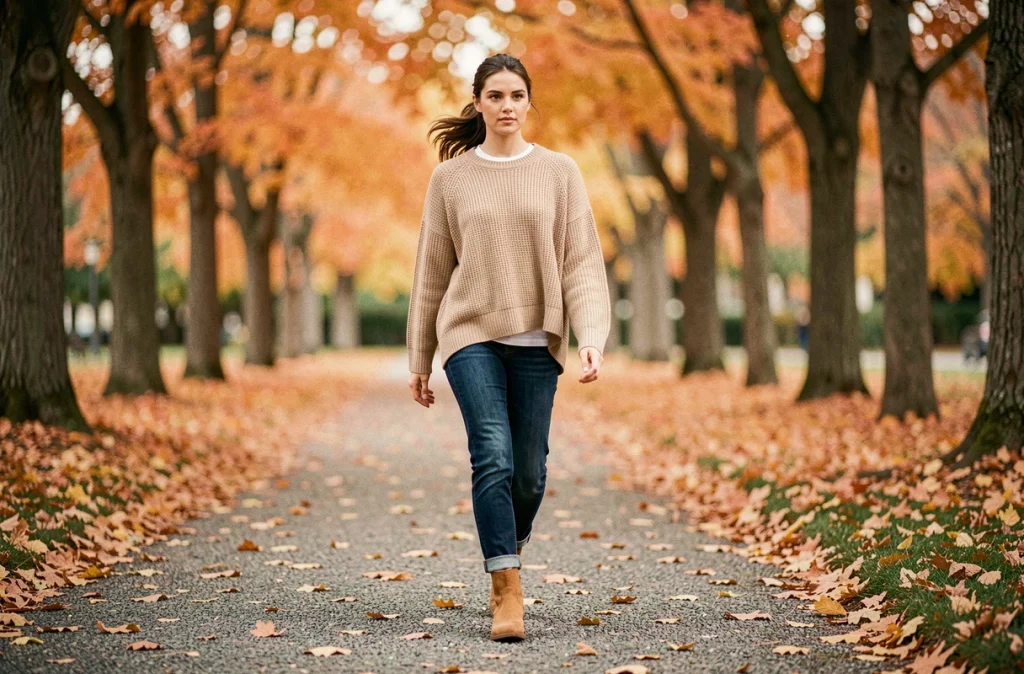 Femme en tenue casual automne portant un pull oversize beige et un jean sombre avec des bottines en cuir marchant dans un parc aux feuilles orangées