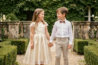 Frère et sœur en tenues de cérémonie assorties ivoire et rose poudré dans un jardin français élégant