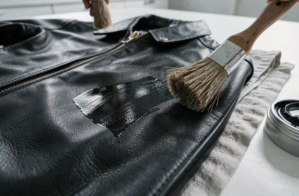 Gros plan sur une veste en cuir noir en cours de lustrage après application de cire noire, montrant la différence de rendu mat et brillant
